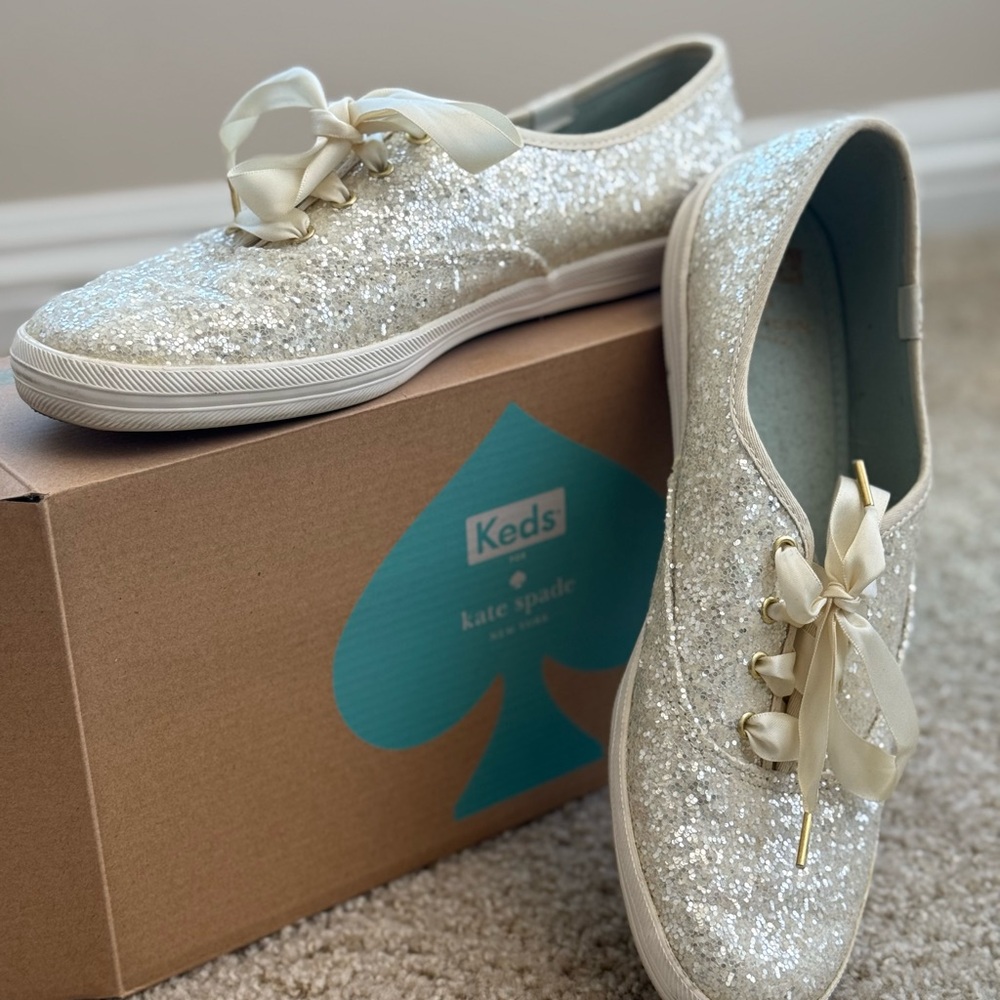 NEW Kate Spade x Keds Women's Glitter Sneakers - Cream Size 9.5